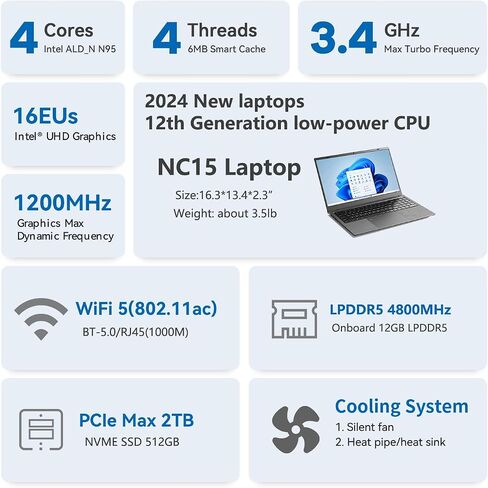 أجهزة الكمبيوتر المحمولة 12th N95 4C 4T Max 3.4Ghz 12GB LPDDR5 4800MHz 512GB NVNE SSD 15.6 بوصة Full HD IPS/HDMI/WIFI 5/BT-5.0/وظيفة كاملة TYPE-C PD/USB 3.2/مصادقة بصمات الأصابع/كاميرا مدمجة in Saudi Arabia