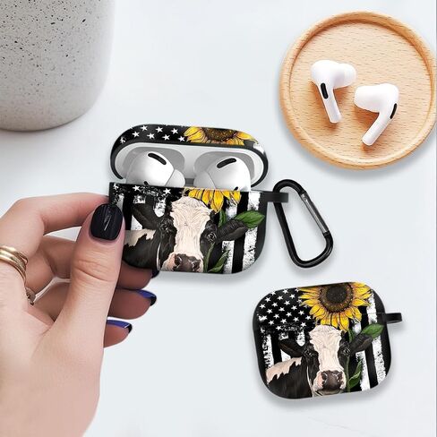 Airpods Pro 2nd Generation Case Designed Metal Key Chain Cute Earphone Covers Made of Polyester for Apple Airpods Wireless Charging Cow Sunflower Flag Pattern in Saudi Arabia