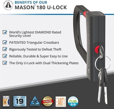 Seatylock Mason Bike U Lock - Patented Heavy Duty Anti Theft Diamond Secure ULock - Ultra Security Bicycle Safety Tool with Keys for City Electric or Mountain Bikes and Scooters (5.5 Inch) in Saudi Arabia