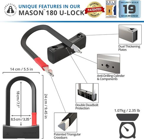 Seatylock Mason Bike U Lock - Patented Heavy Duty Anti Theft Diamond Secure ULock - Ultra Security Bicycle Safety Tool with Keys for City Electric or Mountain Bikes and Scooters (5.5 Inch) in Saudi Arabia
