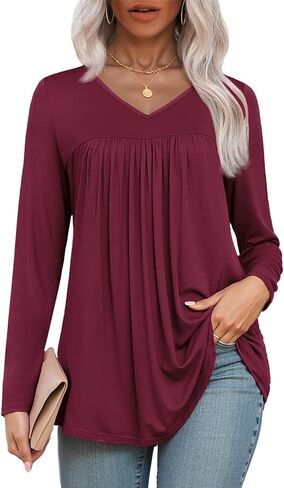 LAOLASI Womens Long Sleeve Tunic Tops V Neck Casual Dressy T Shirts Loose Fit Wear with Leggings Blouses Fall Tops for Women in Kuwait