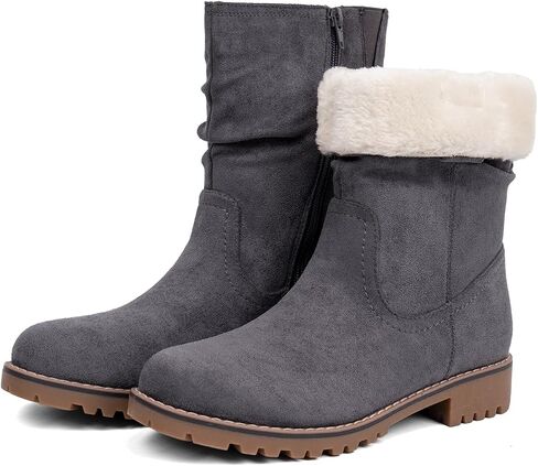 VJH confort Women's Mid Calf Boots Slouchy Riding Combat Low Heel Fur Lined Winter Zipper Booties in Kuwait