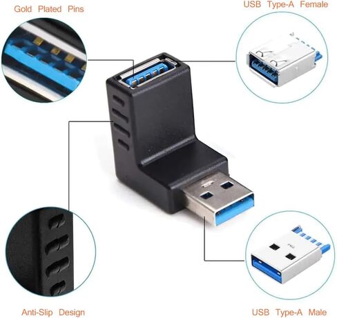محول USB 90 درجة من Herfair (عبوة من قطعتين) USB 3.0 ذكر إلى أنثى موسع عمودي لأعلى ولأسفل، موصل USB كومبو للكمبيوتر الشخصي، والكمبيوتر المحمول، والشاحن، والكمبيوتر، والمزيد (النمط A) in Kuwait