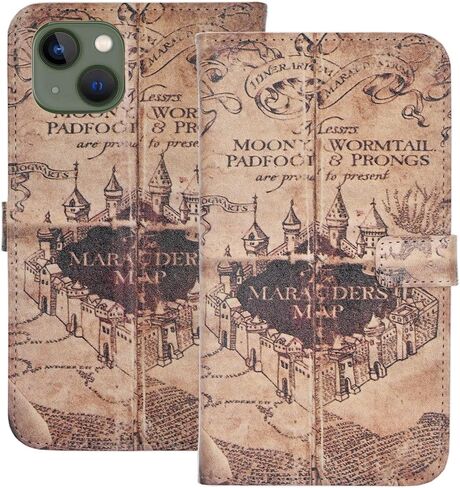 حافظة YHB لهاتف iPhone 13، حافظة محفظة رفيعة من جلد البولي يوريثان مع حامل بطاقات وغطاء خلفي واقٍ من مادة TPU، خريطة سحرية عتيقة in Kuwait