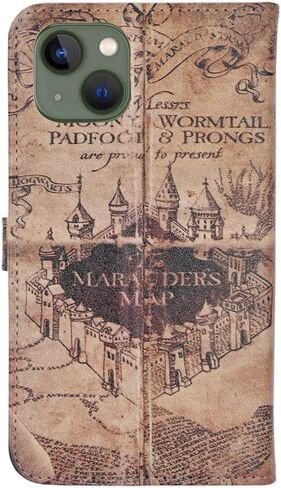 حافظة YHB لهاتف iPhone 13، حافظة محفظة رفيعة من جلد البولي يوريثان مع حامل بطاقات وغطاء خلفي واقٍ من مادة TPU، خريطة سحرية عتيقة in Kuwait