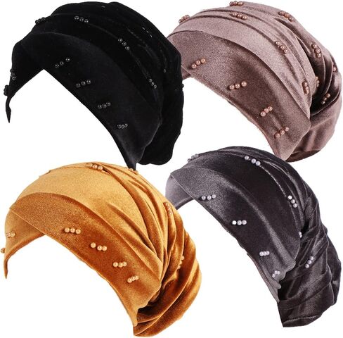 Qianmome 4 Pieces Womens Muslim Turban Scarf Hijab Cap Velour Multi Color Beads Head Scarf Chemo Cap Head Wrap in Kuwait