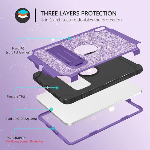 DUEDUE Case for for iPad 10th Generation 2022, ipad 10.9 inch Case with Kickstand, 3 in 1 Glitter Shockproof Stand Heavy Duty Hard PC Cover Protective Case for iPad 10.9" 10th Gen, Purple/Glitter in Saudi Arabia