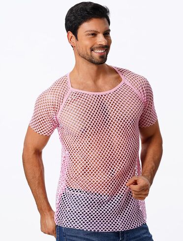 ABAFIP Men's Grid Mesh Fishnet Tank Top Short Sleeve T-Shirt Slim Fit Muscle Tee Workout See Thru Undershirt Clubwear in Kuwait