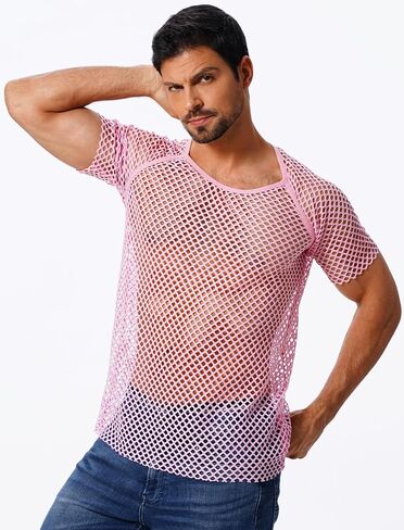 ABAFIP Men's Grid Mesh Fishnet Tank Top Short Sleeve T-Shirt Slim Fit Muscle Tee Workout See Thru Undershirt Clubwear in Kuwait