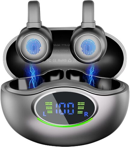 Open Ear Clip Earbuds Bluetooth 5.3 Wireless Sports Headphones with HD Dual Mic, 80 Hours Playtime Dual LED Display, IPX7 Waterproof for Sports/Workouts/Gym/Gaming (Black) in Saudi Arabia