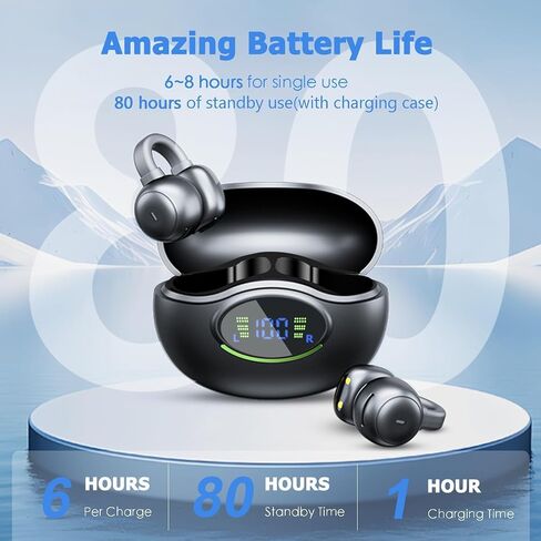 Open Ear Clip Earbuds Bluetooth 5.3 Wireless Sports Headphones with HD Dual Mic, 80 Hours Playtime Dual LED Display, IPX7 Waterproof for Sports/Workouts/Gym/Gaming (Black) in Saudi Arabia