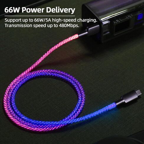 3.3ft Type C Cable Led Light Up Charging Cable 7 Colors RGB Gradual Changing Shining 66W 5A QC3.0 Fast Charger Cord for Galaxy Note 20 Ultra/Note 10/S20/S10/S8 Plus/Note 9 in Kuwait