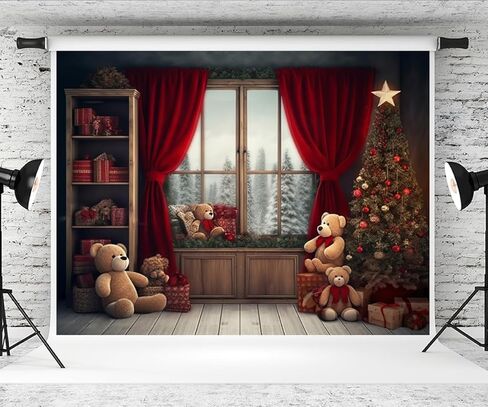 Kate 7×5ft Christmas Tree Photo Backdrop Photography Teddy Bear Window Red Curtain Fireplace Xmas Decoration Photo Background for Photographer Studio Props in Kuwait