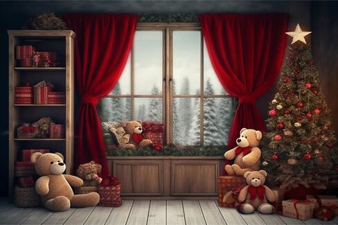 Kate 7×5ft Christmas Tree Photo Backdrop Photography Teddy Bear Window Red Curtain Fireplace Xmas Decoration Photo Background for Photographer Studio Props in Kuwait