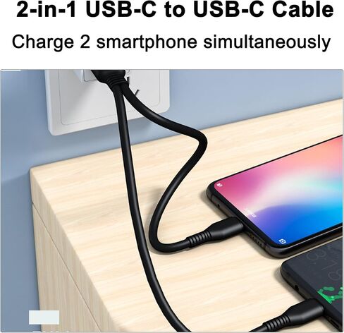 كابل مقسم USB C إلى USB C، سلك إمداد طاقة 2 في 1 مزدوج من النوع C، كابل USB C قصير لأجهزة S23/S22/S20، IP15/16، والهواتف المحمولة والأجهزة اللوحية والمزيد - أسود (قطعتان/0.2 متر) in Kuwait