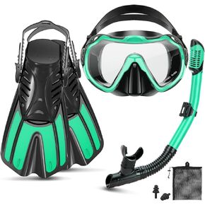 Snorkeling Gear for Adults, 4 in 1 Travel Size Mask Fins Snorkel Set with Panoramic View Anti Fog Mask, Dry Top Snorkel, Trek Fins and Travel Bag, Snorkel Gear for Swimming Diving Snorkeling