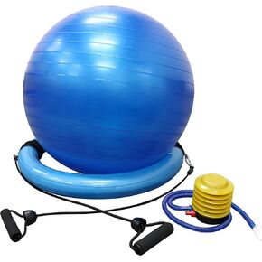 FEIERDUN Yoga Ball Chair – Stability Ball with Inflatable Stability Base & Resistance Bands, Fitness Ball for Home Gym, Office, Improves Back Pain, Core, Posture & Balance (Blue)
