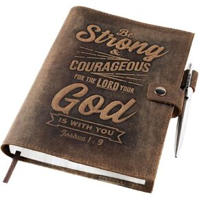 moonster Refillable Leather Journal Lined Notebook – Journals for Men w/Joshua 1v9 Embossed Bible Verse – Leather Notebook with Pen Holder - Includes 320 Pages Milled A5 Ruled Paper & Luxury Pen