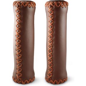 MARQUE Cruiser Bike Handlebar Grips - Brown Vinyl Leather Grips in 135mm with Hand-Stitched Seam for 22.2mm (7/8") Beach Cruiser Bicycle Handlebar for Woman & Man