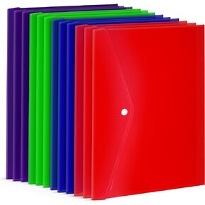 Plastic Envelopes - 12 Pack Plastic Folders for Documents, A4 Size Document Folder, Plastic Envelopes with Snap Closure, Reusable Plastic File Folder with Card Insert, Poly Envelopes