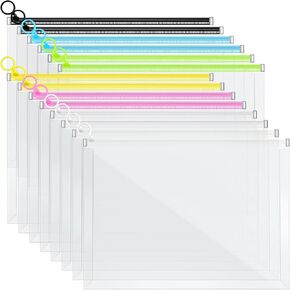 14 Packs Clear Plastic Envelopes A4 Zipper Document Folder 7 Colors Zip Letter File Folders Expanding Envelope Pouch Paper Storage Pencil Bags School Office Supplies, 12.99 x 9.65 Inch