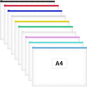 JARLINK 24pcs Poly Zip Envelopes, 8 Colors, A4 Letter Size Plastic Files Zipper Folders, Reusable Pencil Bags for School, Office, Travel Storage Supplies