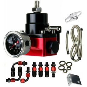 Aikosin Black-Red Adjustable Universal Aluminum Fuel Pressure Regulator Kit EFI Bypass Return 0-100psi Gauge -6AN 6AN Fuel Line Hose Fitting Connectors Kit