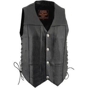 Milwaukee Leather LKM3701 Men's Black Leather Classic V-Neck Motorcycle Rider Vest w/Buffalo Snaps and Side Laces