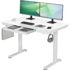 YDN Glass Standing Desk with Drawers, 48 x 24 Inch Electric Stand Up Desk with USB Ports, Adjustable Height Desk for Home Office, White