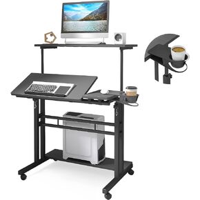 Mobile Standing Desk, Adjustable Rolling Computer Desk with 3 Desktops, Portable Laptop Table with Desk Cup Holder, Home Office Laptop Workstation on Lockable Wheels, Black