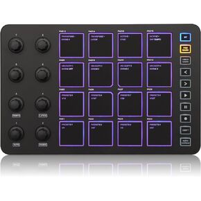 M-WAVE Wireless MIDI Controller Pads, Bluetooth Portable USB MIDI Controller with 16 MPC Drum Pads, 8 Assignable Knobs, Note Repeat, Full Level Buttons, Rechargeable battery (Black Pad)