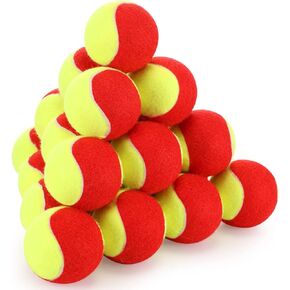 24 Pack Tennis Balls for Kids 75% Low Compression Stage Kids Tennis Ball Bulk for Beginners Ball Machine Training Transition Practicing PET Dog Playing Practice on Short 36 Foot Court (Red Yellow)
