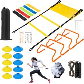 HOMEE Agility Ladder 12 Rungs 20FT Speed Training Equipment with Cones,Resistance Bands,Metal Stakes,Speed Ladder,Resistance Parachute,Jump Rope and Carrying Bag for All Ages