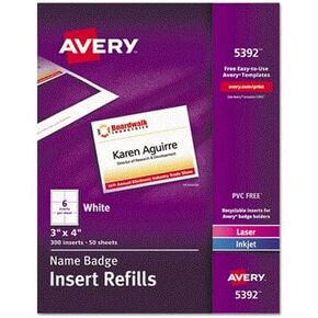 Avery Name Badge Insert Refills, Cardstock, 3" x 4", White
