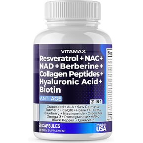 Resveratrol NAD+ Berberine Hyaluronic Acid - Biotin Grape & Blueberry + NAC - Collagen Peptides - Hair, Nail, Skin & Joint Supplement - 21-in-1 Women and Men - Made in USA - 120 Count