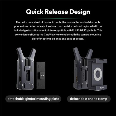 جهاز إرسال الفيديو اللاسلكي Accsoon CineView Nano، 5G HDMI 1080p نظام نقل الفيديو اللاسلكي، 60 إطارًا في الثانية ≥0.06s نطاق الكمون 500 قدم، 1TX إلى 4RX، التحكم في التطبيق، لـ DSLR، RS2/RS3/RS3 Pro/مثبت الكاميرا in Kuwait