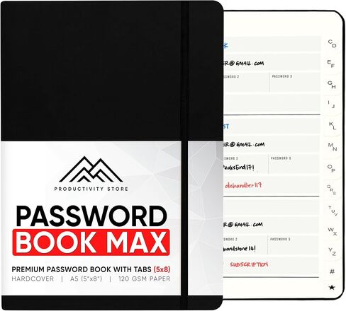 PRODUCTIVITY STORE Best Password Book With Alphabetical Tabs | Small Password Book, Organizer & Notebook | Password Keeper To Keep Website Logins & Passwords Safe | Black | Small 4x5.5 in Kuwait