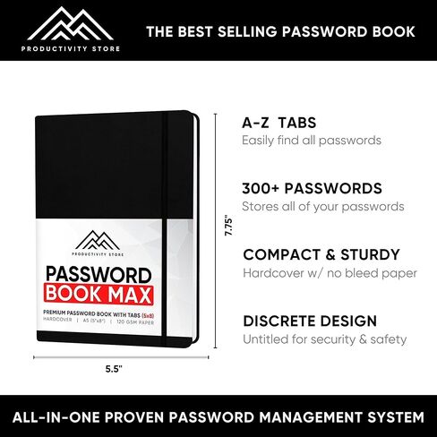 PRODUCTIVITY STORE Best Password Book With Alphabetical Tabs | Small Password Book, Organizer & Notebook | Password Keeper To Keep Website Logins & Passwords Safe | Black | Small 4x5.5 in Kuwait