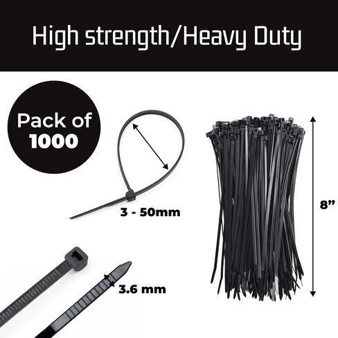 مجموعة ربطات كابلات بسحاب مقاس 8 بوصات مكونة من 1000 قطعة من Bolt Dropper - قوة شد 40 رطلًا - ربطات عنق نايلون ممتازة مقاومة للأشعة فوق البنفسجية عالية التحمل ذاتية القفل - تنظيم داخلي وخارجي للكابلات والأقمشة والمزيد - أسود in Kuwait