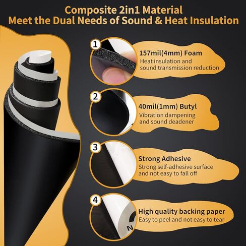 197mil(5mm) 18sqft 2in1 Butyl & Foam Composite Sound Deadener for Cars - Enhanced Auto Vibration Dampening & Sound Deadening Mat- Automotive Heat Shield Pad for Garage Door Trunk Hood Engine in Kuwait
