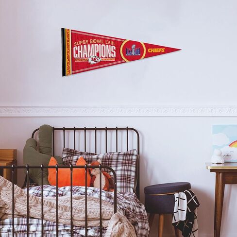 Super Bowl LVIII Champions Kansas City Chiefs 2024 Pennant – 12x30 Premium Felt Wall Banner – Rico Industries NFL Football Flag - USA Made – Sports Fan Décor for the Man Cave, Game Room, Dorm in Saudi Arabia