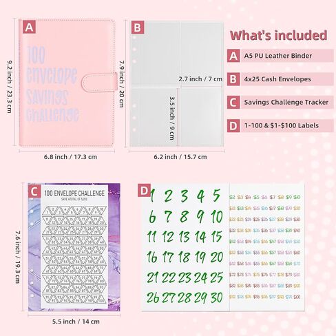 100 Envelopes Money Saving Challenge Binder, Hyperzoo A5 Money Saving Challenges Book, Savings Binder Budget Binder with Cash Envelopes to Save $5050 Black-2Pack in Kuwait