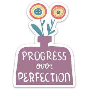 (3PCs) Progress Over Perfection Inspirational Sticker, Flower Vase Self Motivation Waterproof Vinyl Mental Health Stickers for Laptop Water Bottle Tumbler Phone, Growth Mindset Decals (3 Inches)