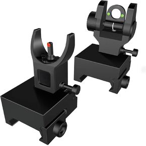 Front and Rear Iron Sights,Fiber Optic Flip Up Style Steel Backup Sights fits Picatinny & Weaver Rails Black