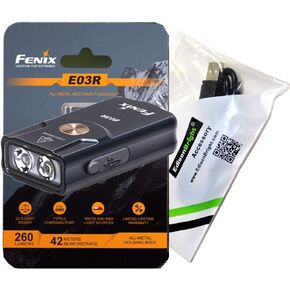 EdisonBright Fenix E03R USB Rechargeable 260 Lumen LED Keychain Flashlight, Brand USB Charging Cable Bundle
