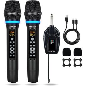 ZERFUN WM-2 Rechargeable Wireless Microphones Karaoke, UHF Dual Metal Cordless Mic System Professional Handheld for Singing Church DJ Speaker with Echo Treble BASS VOL Channel Control XLR Output