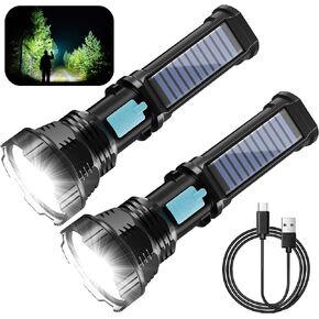 Solar/Rechargeable LED Flashlight 2 Pack, 4 Modes Multi Function Flashlights High Lumens with 2000 mAh Battery, Emergency Strobe Light, Waterproof, USB Charging for Home, Emergencies, Camping