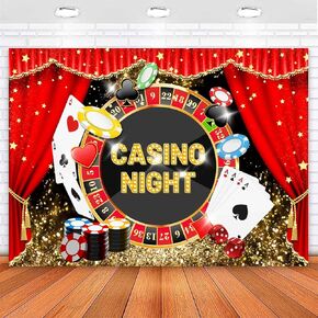 Sensfun Casino Night Poker Dice Photography Backdrop Las Vegas Chips Roulette Red Curtains Gold Glitter Photo Background Birthday Party Banner Decorations Photobooth Cake Table Supplies 8x6ft