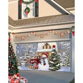 Red Christmas Garage Door Cover 7x8Ft, Snowflake Snowman Garage Door Banner Cover, Winter Seasonal Xmas Tree Balls Garage Door Decorations Backdrop for Christmas Holiday Garage Door Covers