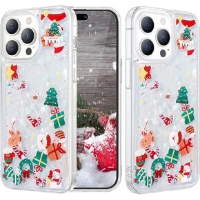 Glitter Christmas Case for iPhone 16 Pro,Cute Merry Christmas Liquid Flowing Moving Xmas Santa Tree Snowman Bling Sparkle Clear Shockproof Women Girls Phone Case for iPhone 16 Pro 6.3",Clear